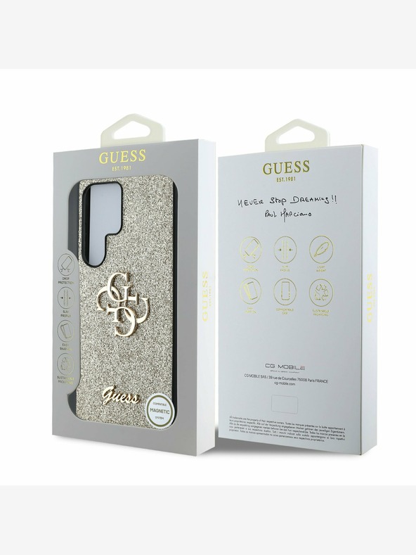 Guess Guess PU Fixed Glitter 4G Metall-Logo Rückseite für Samsung Galaxy S25 Ultra Gold
