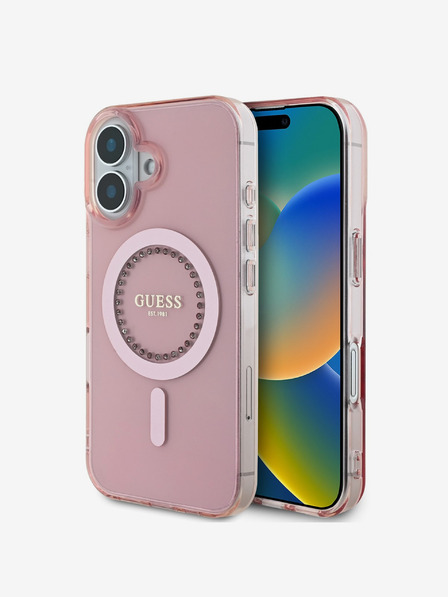 Guess Guess IML Strass Ring MagSafe Back Cover für iPhone 16 Pink