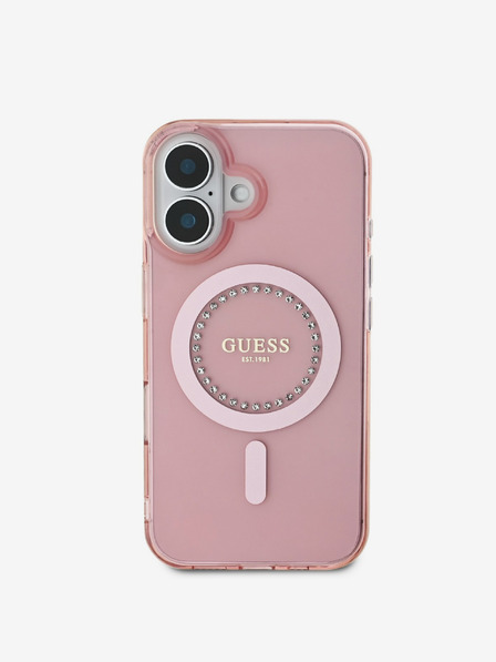 Guess Guess IML Strass Ring MagSafe Back Cover für iPhone 16 Pink