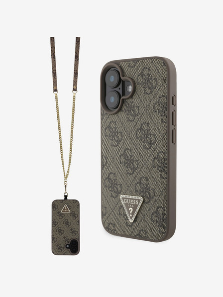 Guess Guess PU 4G Strass-Dreieck Metall-Logo Backcover + Crossbody Strap für iPhone 16 Braun