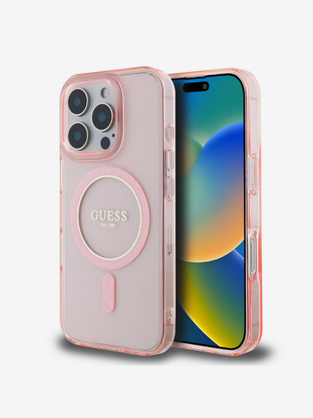 Guess Guess IML Glitter Ring MagSafe Back Cover für iPhone 16 Pro Max Pink