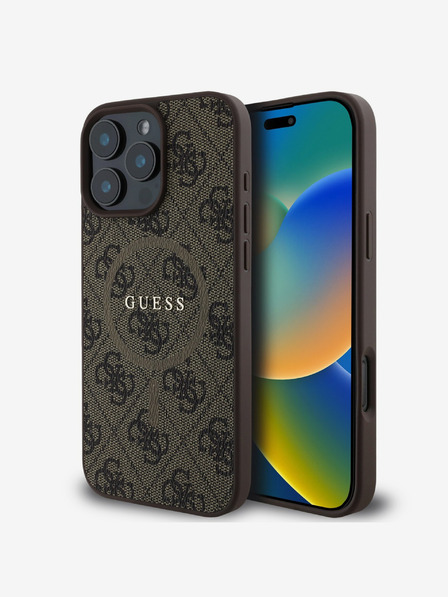 Guess Guess PU Leder 4G Farbiger Ring MagSafe Back Cover für iPhone 16 Pro Braun