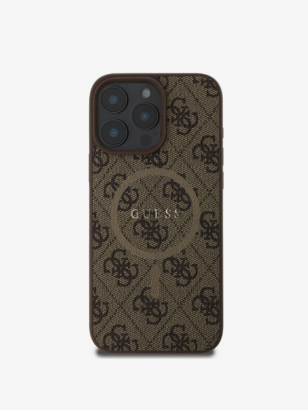 Guess Guess PU Leder 4G Farbiger Ring MagSafe Back Cover für iPhone 16 Pro Braun