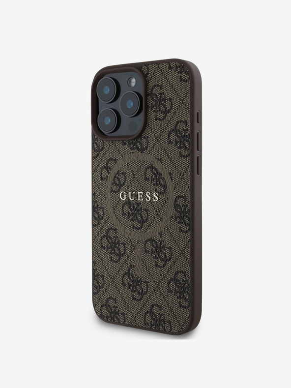 Guess Guess PU Leder 4G Farbiger Ring MagSafe Back Cover für iPhone 16 Pro Braun