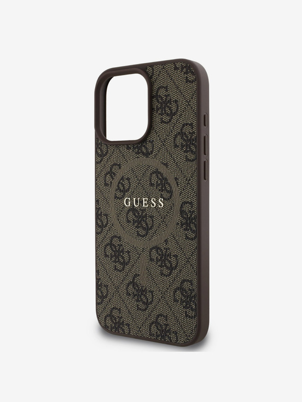 Guess Guess PU Leder 4G Farbiger Ring MagSafe Back Cover für iPhone 16 Pro Braun