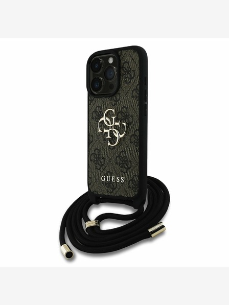 Guess Guess PU 4G Metall-Logo Crossbody Strap Back Cover für iPhone 15 Pro Max Braun