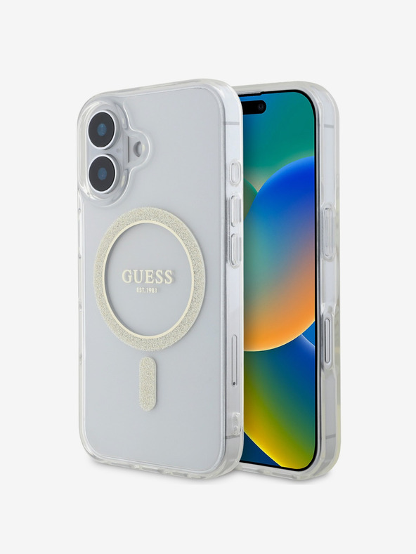 Guess Guess IML Glitter Ring MagSafe Back Cover für iPhone 16 Plus Transparent