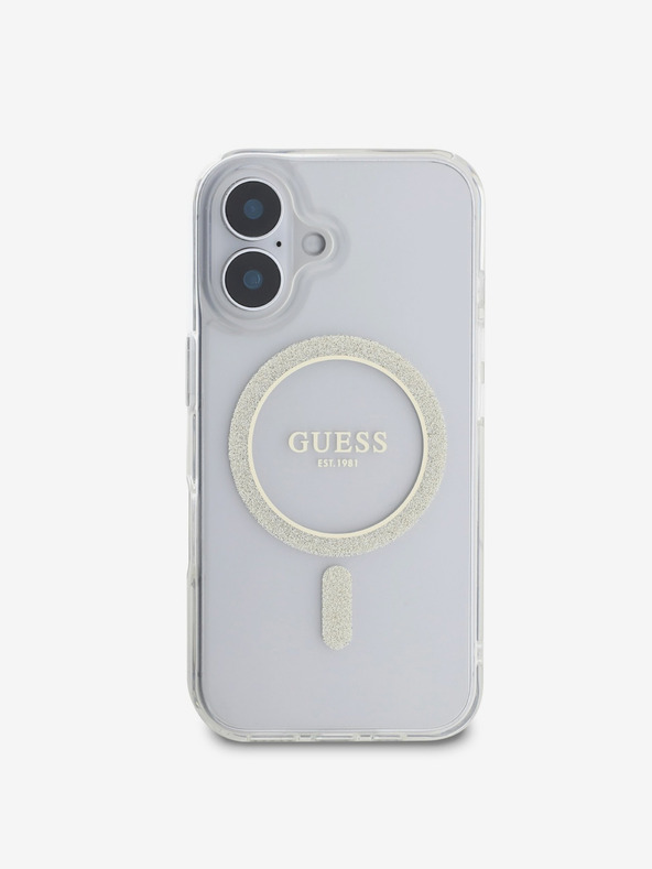 Guess Guess IML Glitter Ring MagSafe Back Cover für iPhone 16 Plus Transparent