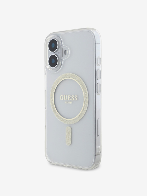 Guess Guess IML Glitter Ring MagSafe Back Cover für iPhone 16 Plus Transparent