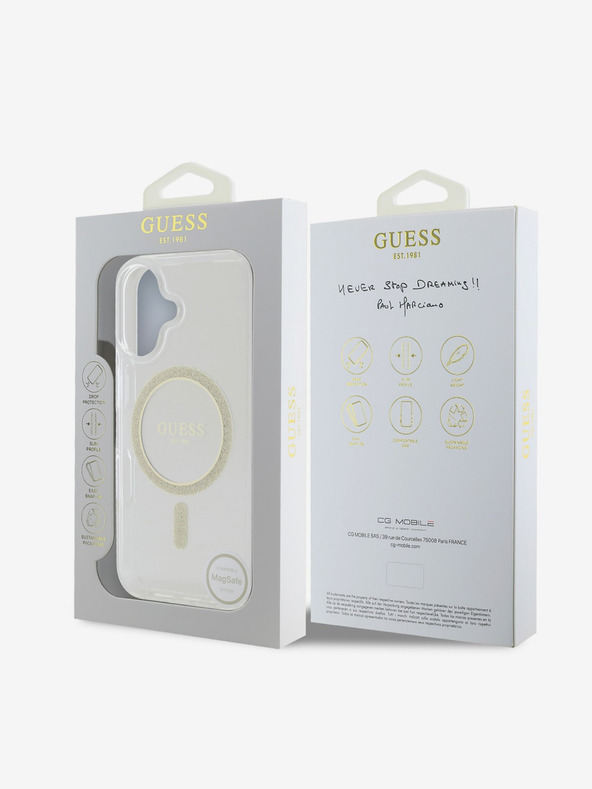 Guess Guess IML Glitter Ring MagSafe Back Cover für iPhone 16 Plus Transparent