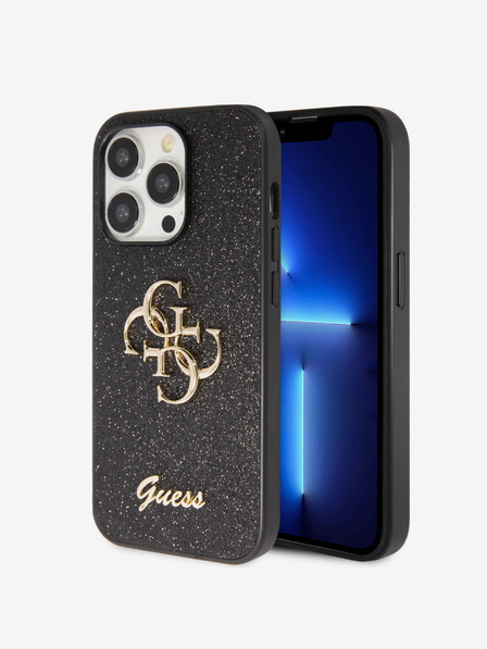 Guess Guess PU Fixed Glitter 4G Metall Logo Back Cover für iPhone 15 Pro Max Schwarz