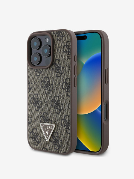 Guess Guess PU 4G Strass Dreieck Metall Logo Rückseite für iPhone 16 Pro Braun