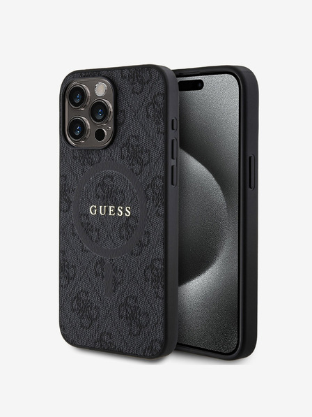 Guess Guess PU Leder 4G Farbiger Ring MagSafe Back Cover für iPhone 15 Pro Max Schwarz