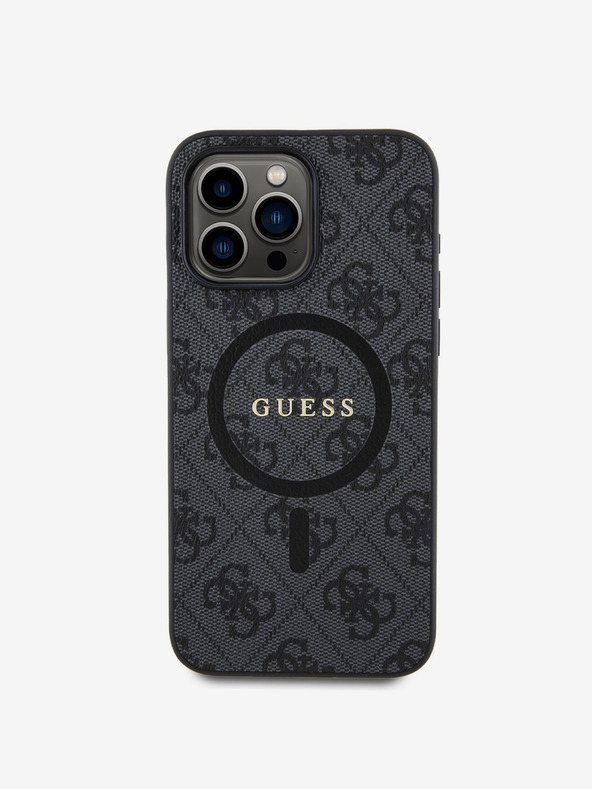 Guess Guess PU Leder 4G Farbiger Ring MagSafe Back Cover für iPhone 15 Pro Max Schwarz
