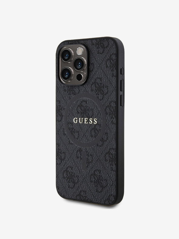 Guess Guess PU Leder 4G Farbiger Ring MagSafe Back Cover für iPhone 15 Pro Max Schwarz