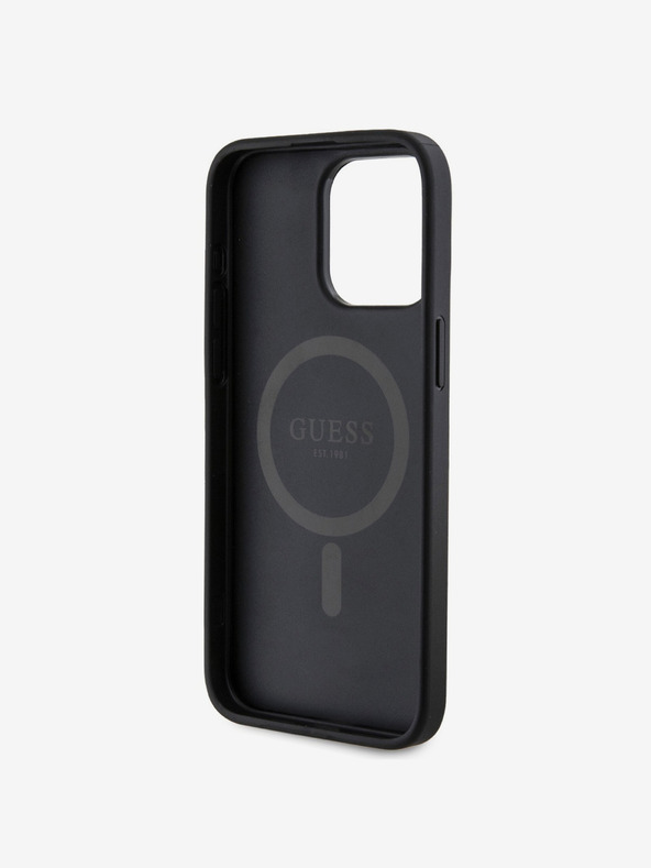 Guess Guess PU Leder 4G Farbiger Ring MagSafe Back Cover für iPhone 15 Pro Max Schwarz