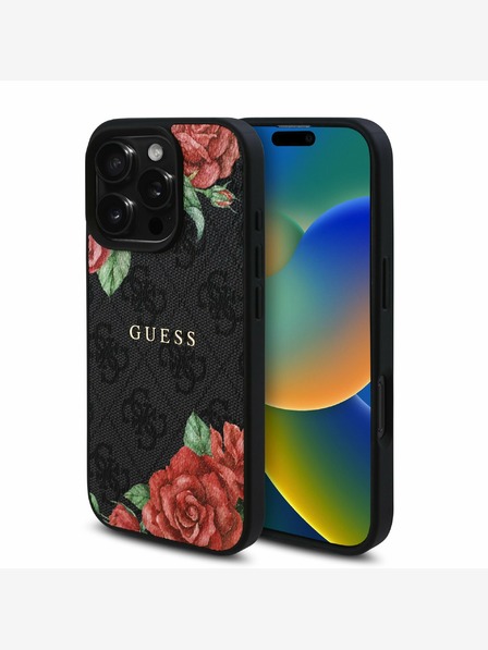 Guess Guess PU-Leder 4G Roses MagSafe Back Cover für iPhone 16 Pro Max Schwarz