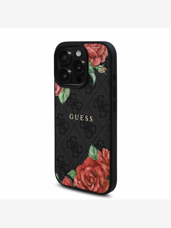 Guess Guess PU-Leder 4G Roses MagSafe Back Cover für iPhone 16 Pro Max Schwarz
