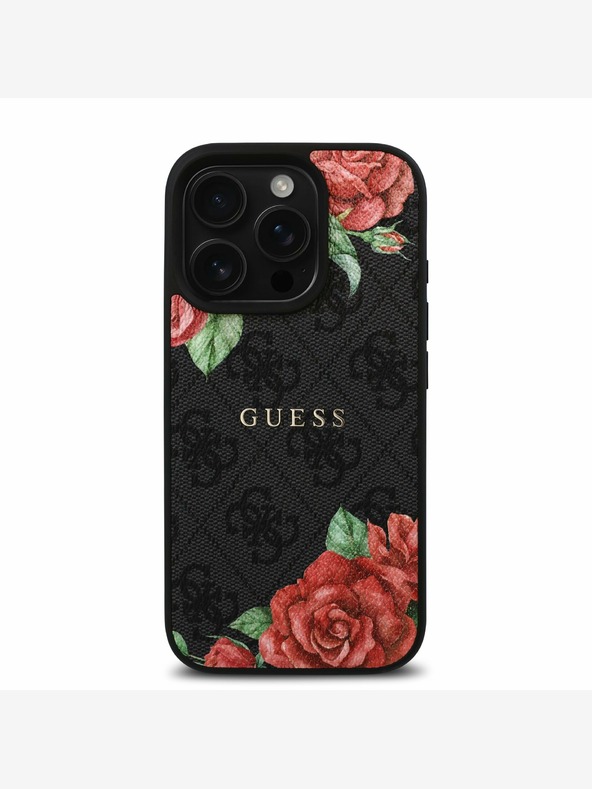 Guess Guess PU-Leder 4G Roses MagSafe Back Cover für iPhone 16 Pro Max Schwarz