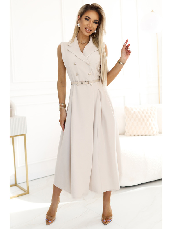 numoco Elegantes Midi-Hemdkleid mit goldenen Knöpfen und Gürtel - beige Numoco