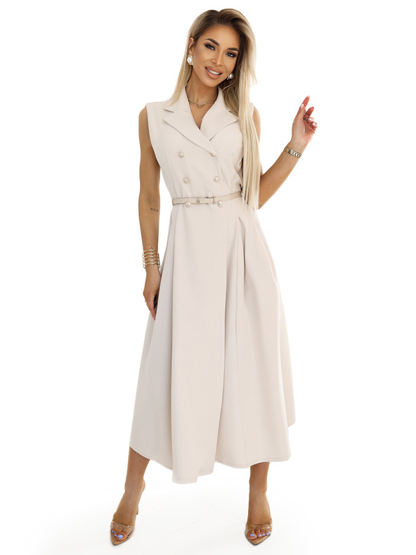 numoco Elegantes Midi-Hemdkleid mit goldenen Knöpfen und Gürtel - beige Numoco