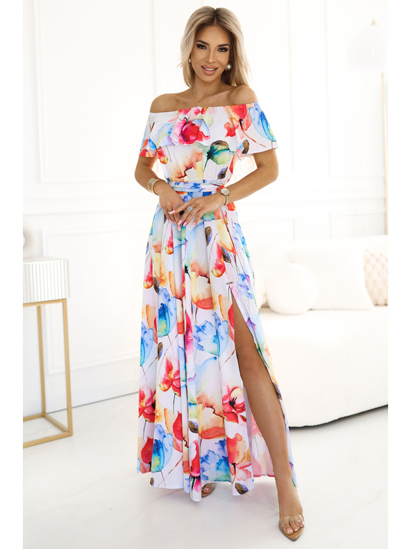 numoco Langes Sommerkleid mit Gürtel - buntes Blumenmuster Numoco