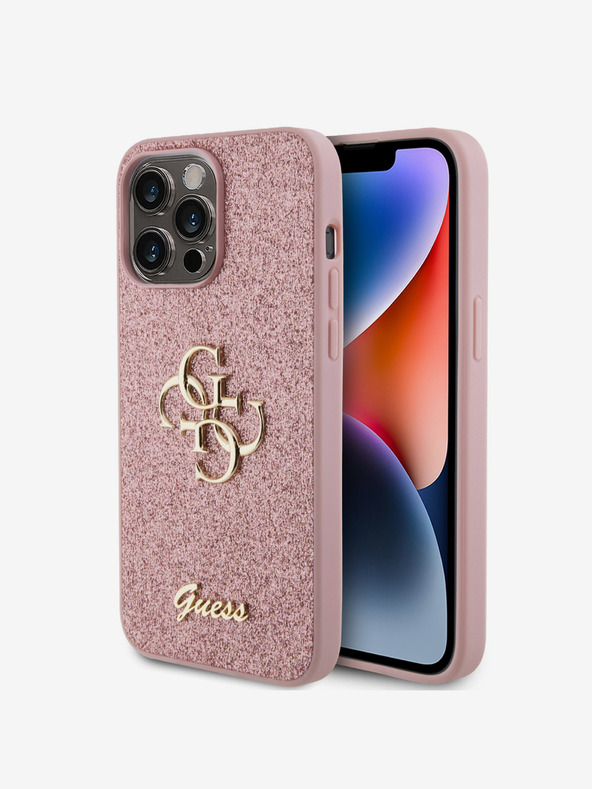 Guess Guess PU Fixed Glitter 4G Metall Logo Back Cover für iPhone 15 Pro Max Pink