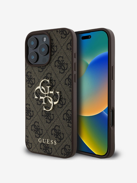 Guess Guess PU 4G Metall-Logo-Rückseite für iPhone 16 Pro Max Braun