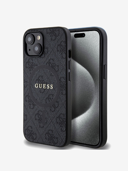 Guess Guess PU Leder 4G Farbiger Ring MagSafe Back Cover für iPhone 15 Schwarz