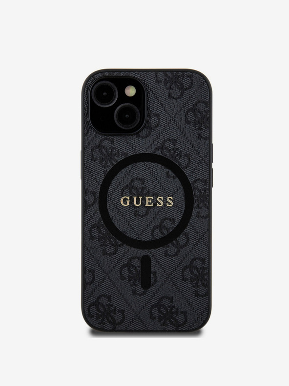 Guess Guess PU Leder 4G Farbiger Ring MagSafe Back Cover für iPhone 15 Schwarz