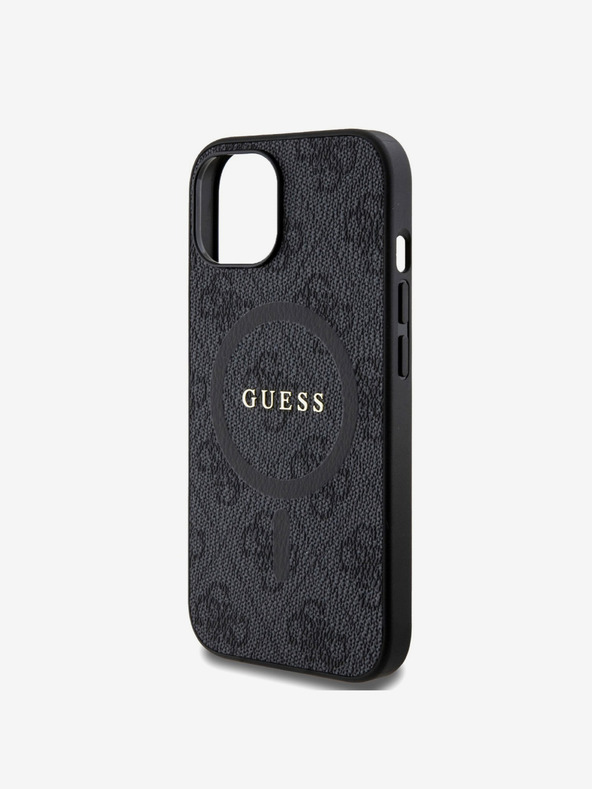 Guess Guess PU Leder 4G Farbiger Ring MagSafe Back Cover für iPhone 15 Schwarz