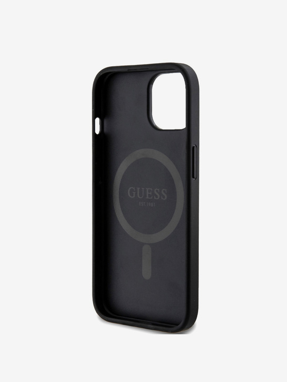 Guess Guess PU Leder 4G Farbiger Ring MagSafe Back Cover für iPhone 15 Schwarz