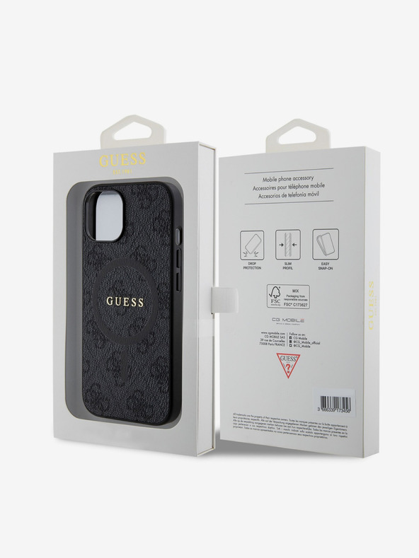 Guess Guess PU Leder 4G Farbiger Ring MagSafe Back Cover für iPhone 15 Schwarz