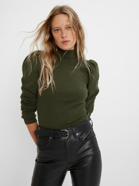GAP Khakifarbener Basic-Rollkragenpullover für Damen mit gerafften Ärmeln von GAP