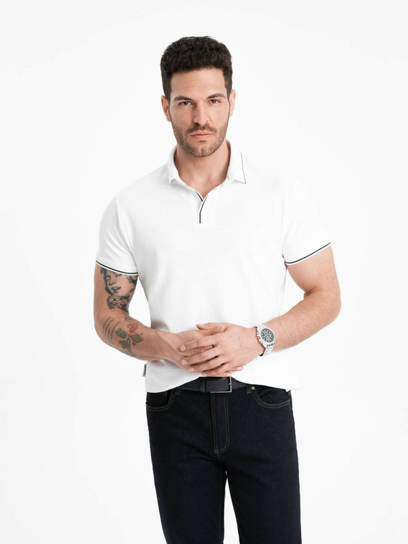 Ombre Clothing Weißes Herren-Poloshirt ohne Knöpfe Ombre Clothing