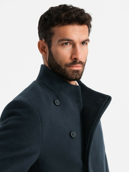 Ombre Clothing Asymmetrischer geknöpfter Herrenmantel mit hohem Kragen Dunkelblau Ombre Kleidung