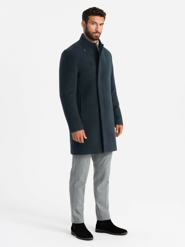 Ombre Clothing Asymmetrischer geknöpfter Herrenmantel mit hohem Kragen Dunkelblau Ombre Kleidung