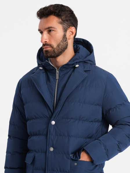 Ombre Clothing Lange Herren-Steppjacke mit Revers und Futter dunkelblau Ombre Clothing