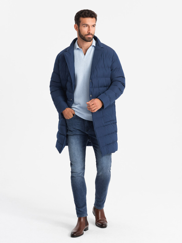 Ombre Clothing Lange Herren-Steppjacke mit Revers und Futter dunkelblau Ombre Clothing