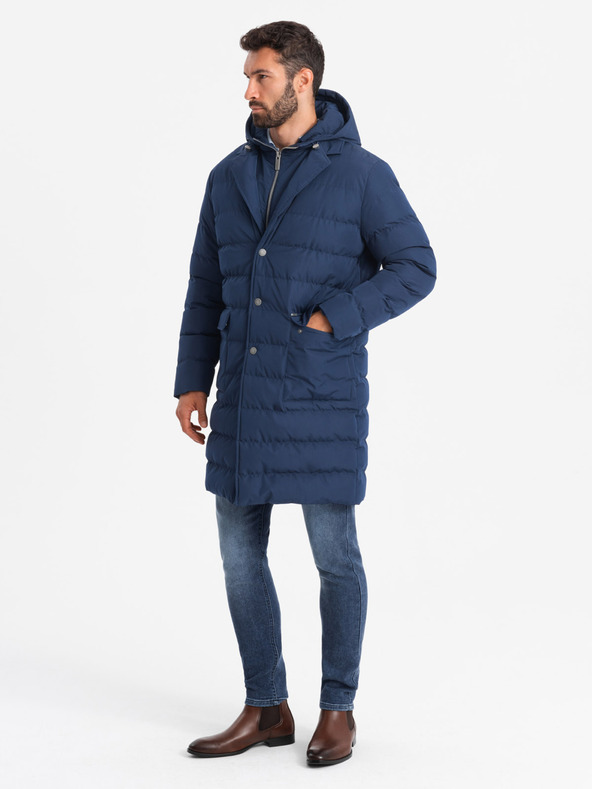 Ombre Clothing Lange Herren-Steppjacke mit Revers und Futter dunkelblau Ombre Clothing