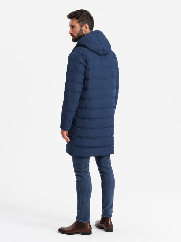 Ombre Clothing Lange Herren-Steppjacke mit Revers und Futter dunkelblau Ombre Clothing