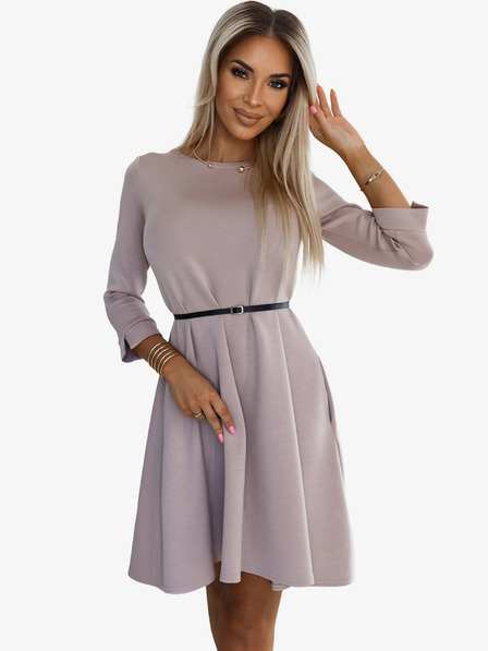 numoco Klassisches Trapezkleid mit schwarzem Gürtel - Beige Numoco
