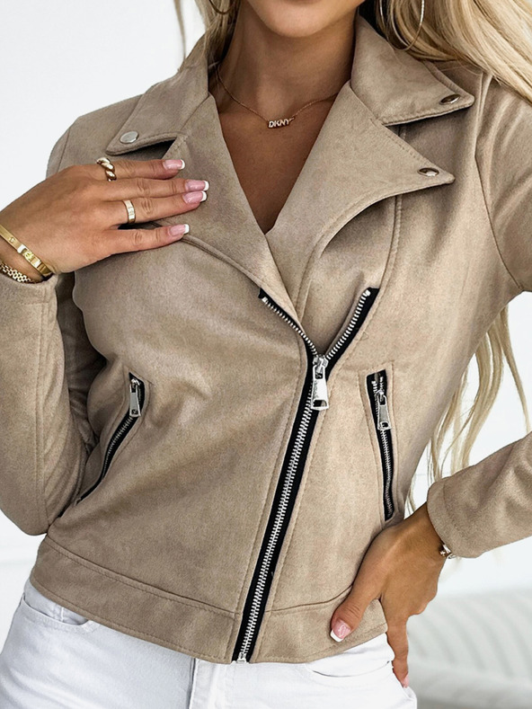 numoco Beige Damen-Wildlederjacke mit langen Ärmeln und Reißverschlüssen Numoco