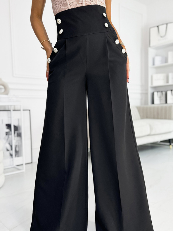 numoco Schwarze elegante Damenhose mit hohem Bund und weitem Bein und goldenen Knöpfen Numoco