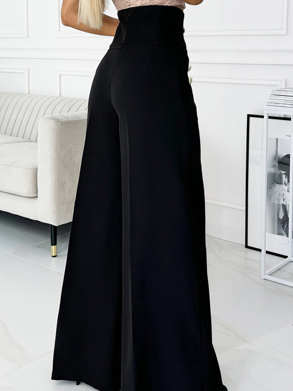 numoco Schwarze elegante Damenhose mit hohem Bund und weitem Bein und goldenen Knöpfen Numoco