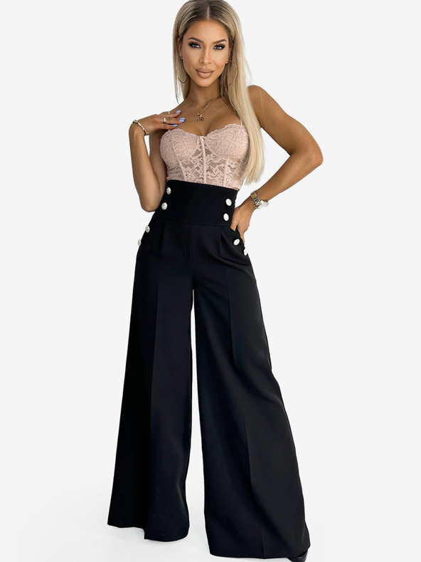 numoco Schwarze elegante Damenhose mit hohem Bund und weitem Bein und goldenen Knöpfen Numoco