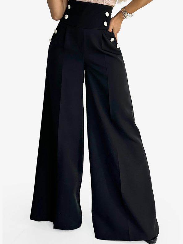 numoco Schwarze elegante Damenhose mit hohem Bund und weitem Bein und goldenen Knöpfen Numoco