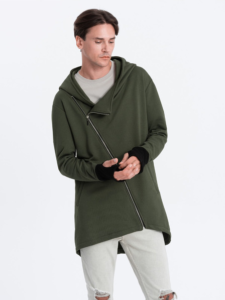 Ombre Clothing Dunkelgrünes Herren-Sweatshirt mit asymmetrischem Verschluss Ombre Clothing
