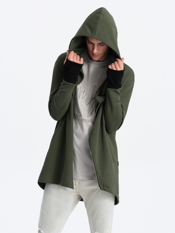 Ombre Clothing Dunkelgrünes Herren-Sweatshirt mit asymmetrischem Verschluss Ombre Clothing