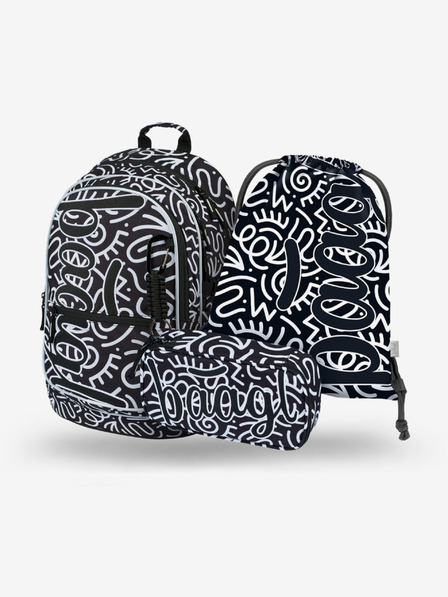 BAAGL  Schwarz gemustertes Schulset - Rucksack, Mäppchen, Tasche Baagl Core Element
